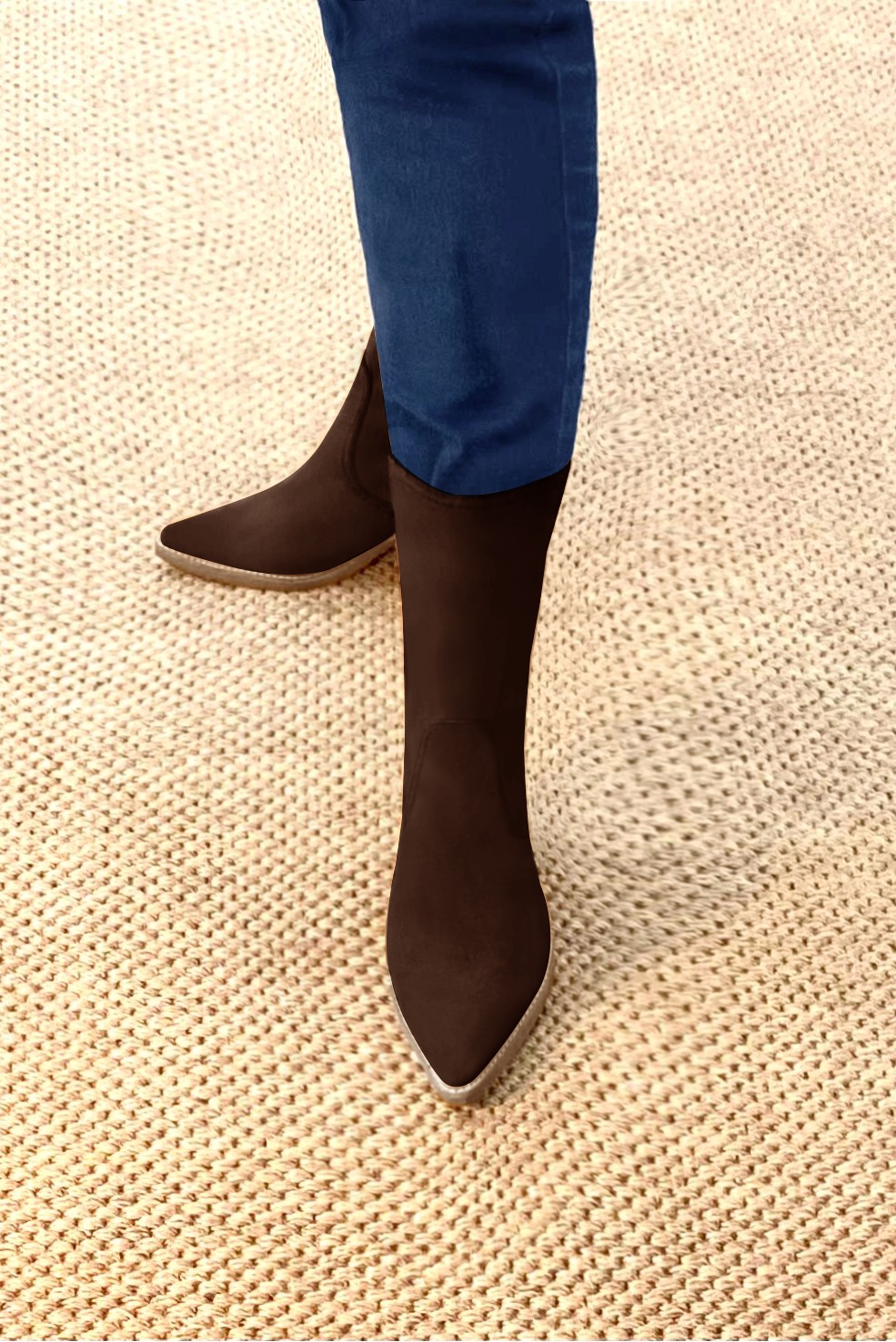 Dark brown women's ankle boots with a zip on the inside. Tapered toe. Medium cone heels. Worn view - Florence KOOIJMAN